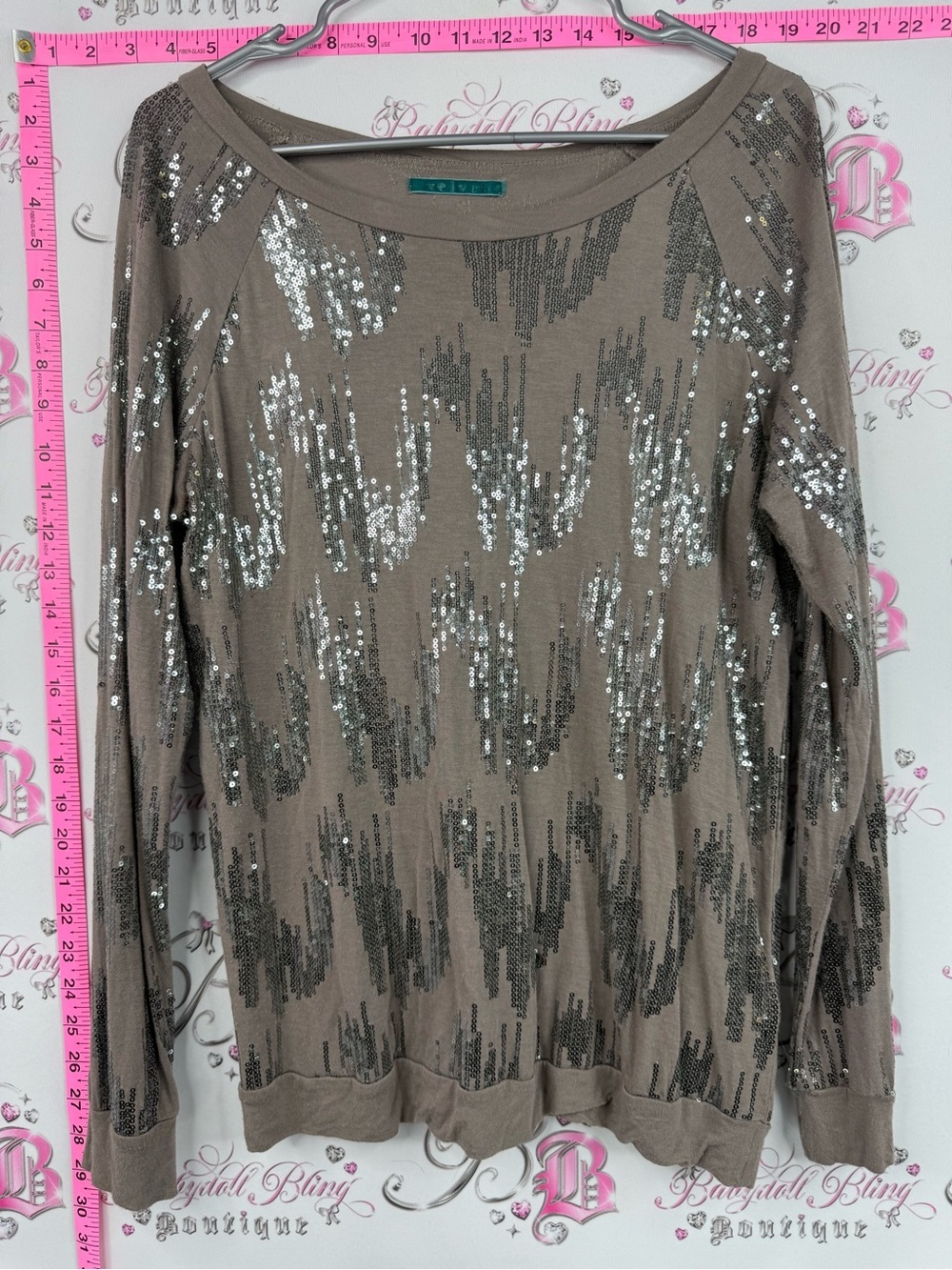 Velvet sequin long sleeve stretchy soft silver Taupe Sequin Long Sleeve Top